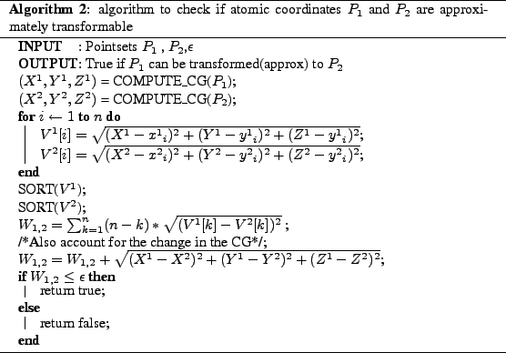 \begin{algorithm}
% latex2html id marker 281\SetKwInOut{Input}{INPUT}
\SetKwIn...
... coordinates $P_1$\ and $P_2$\ are
approximately transformable
}
\end{algorithm}